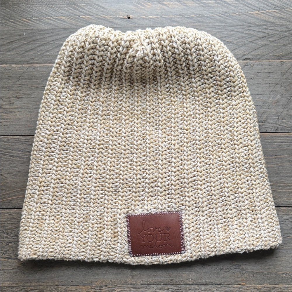 Love Your Melon Cream Knit Beanie with Leather Patch OS